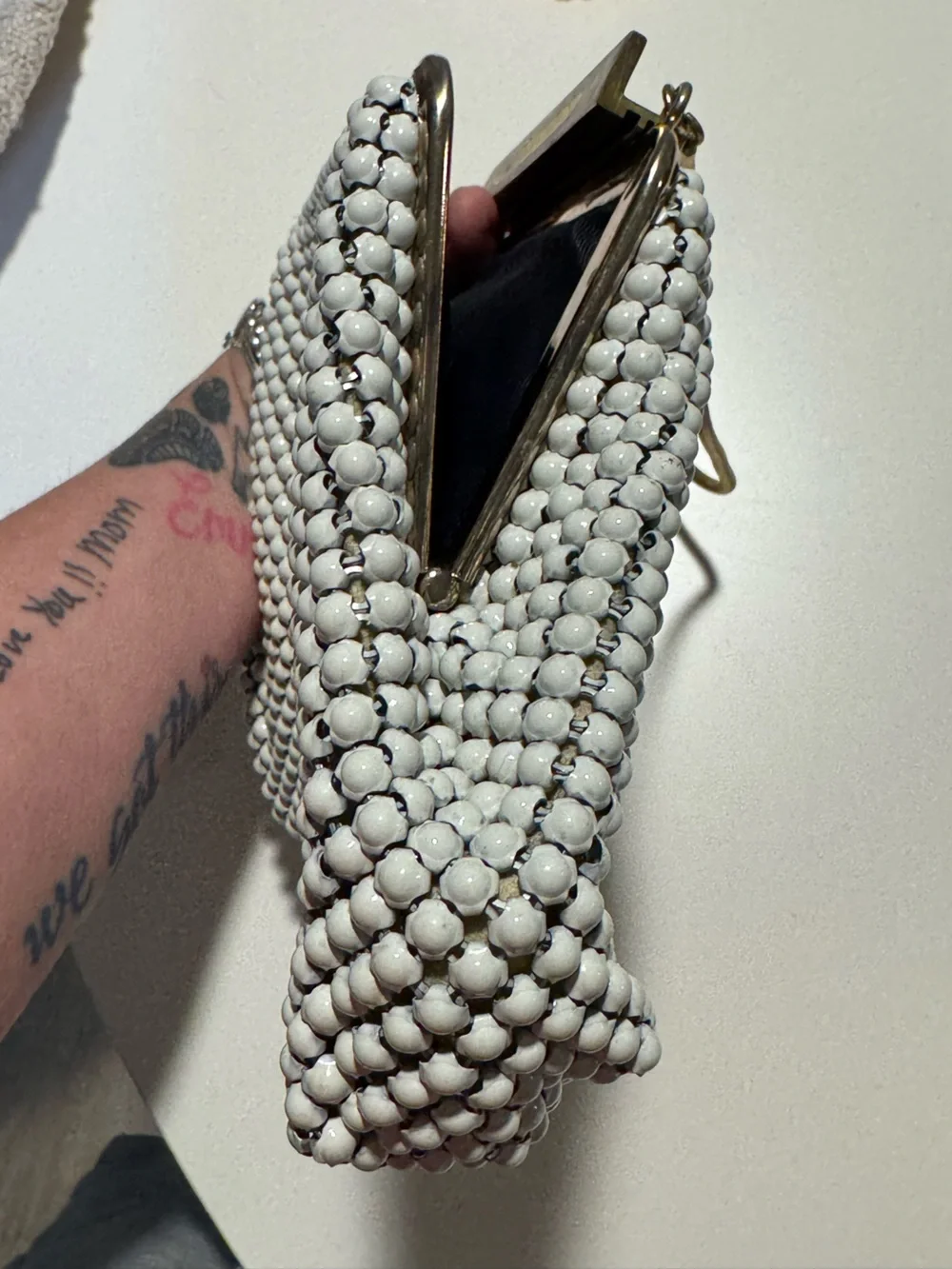 Whiting & Davis White Metal Mesh Evening Clutch with Gold Frame